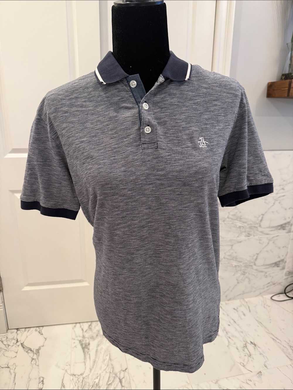 Penguin Men's Navy Heather Polo Shirt with Contrast Collar - Medium